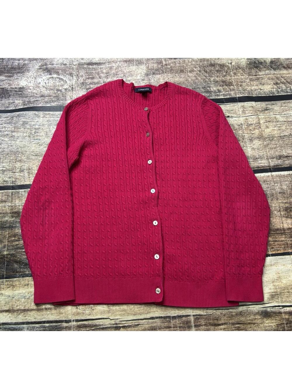 Lands End Cardigan Sweater Womens Medium Cable Knit Button